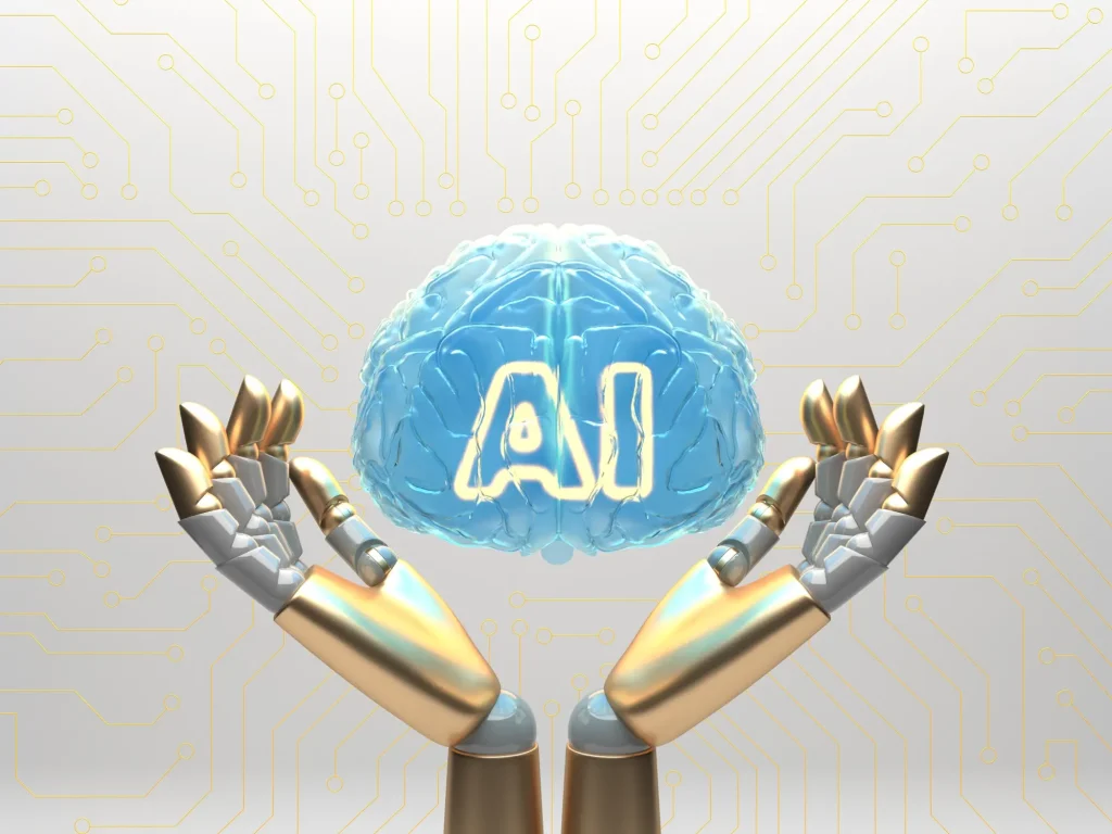 a machine hand holding the floating AI brain